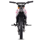 A rear view of a kids' electric dirt bike with black handlebars, a black rear tire, and a white body with pink graphics, isolated on a white background.