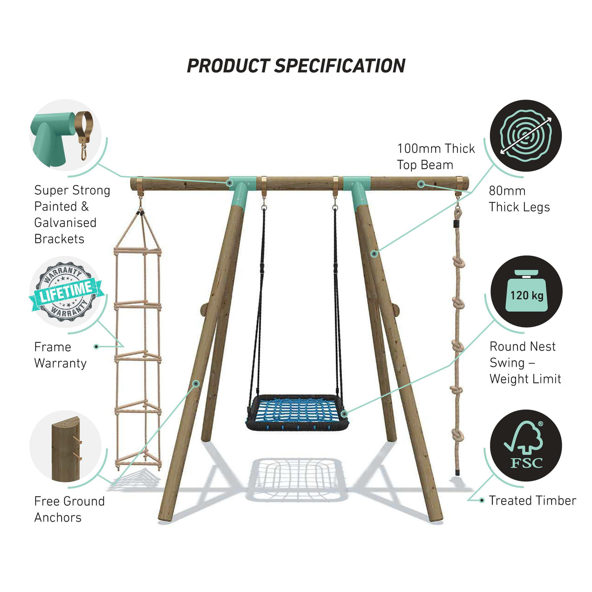 3-in-1 Wooden Swing Set with Rope & Ladder | Titan Toys