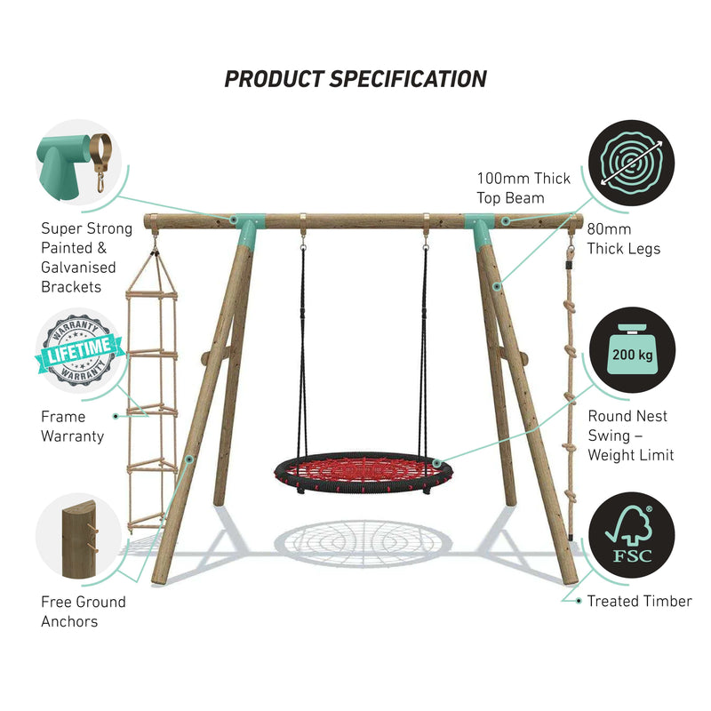 Go Wild 3 in 1 Round Nest Wooden Swing Set With Knotted Rope & Ladder - Titan Toys 