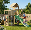 a large multi play wooden climbing frame swing set with climbing wall and tower 