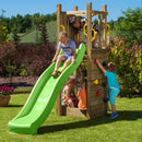 a wooden large play tower with climbing wall and 8ft slide plus sandbox
