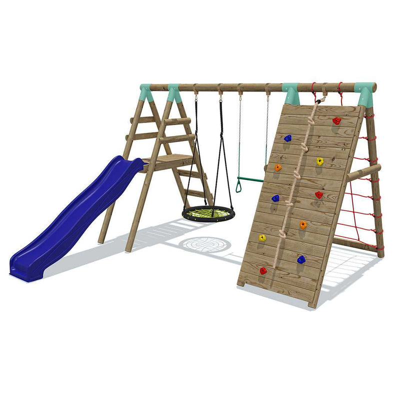 Go Wild Swing Set With 65cm Nest, Climbing Wall , Trapeze & 8ft Slide - Titan Toys 