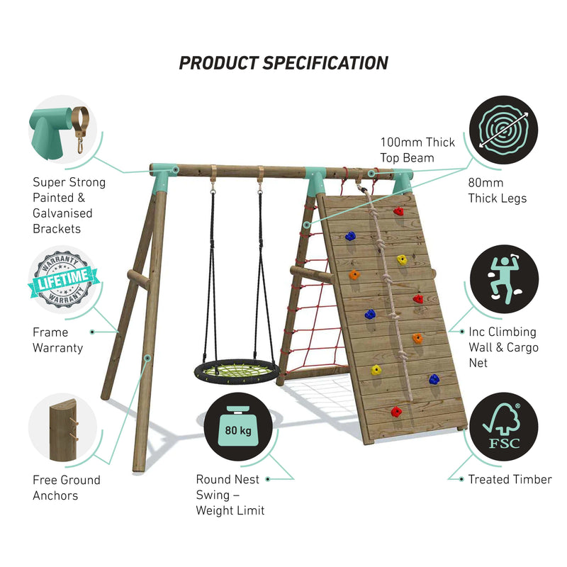 large climbing frame set with cargo net and large nest swing