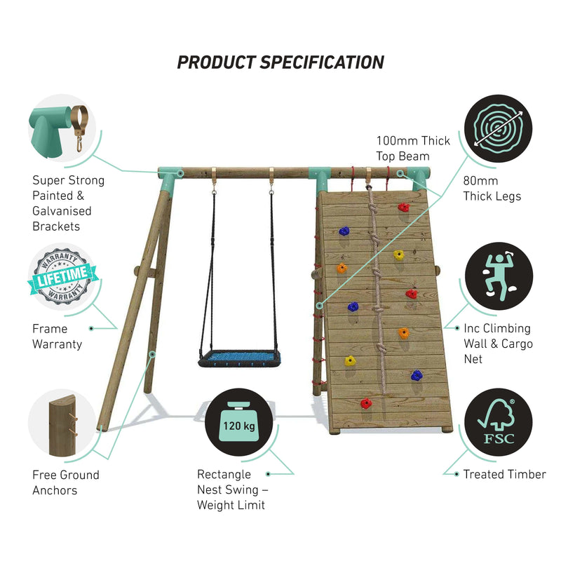 large rectangle nest swing set with a climbing wall and large red cargo net 