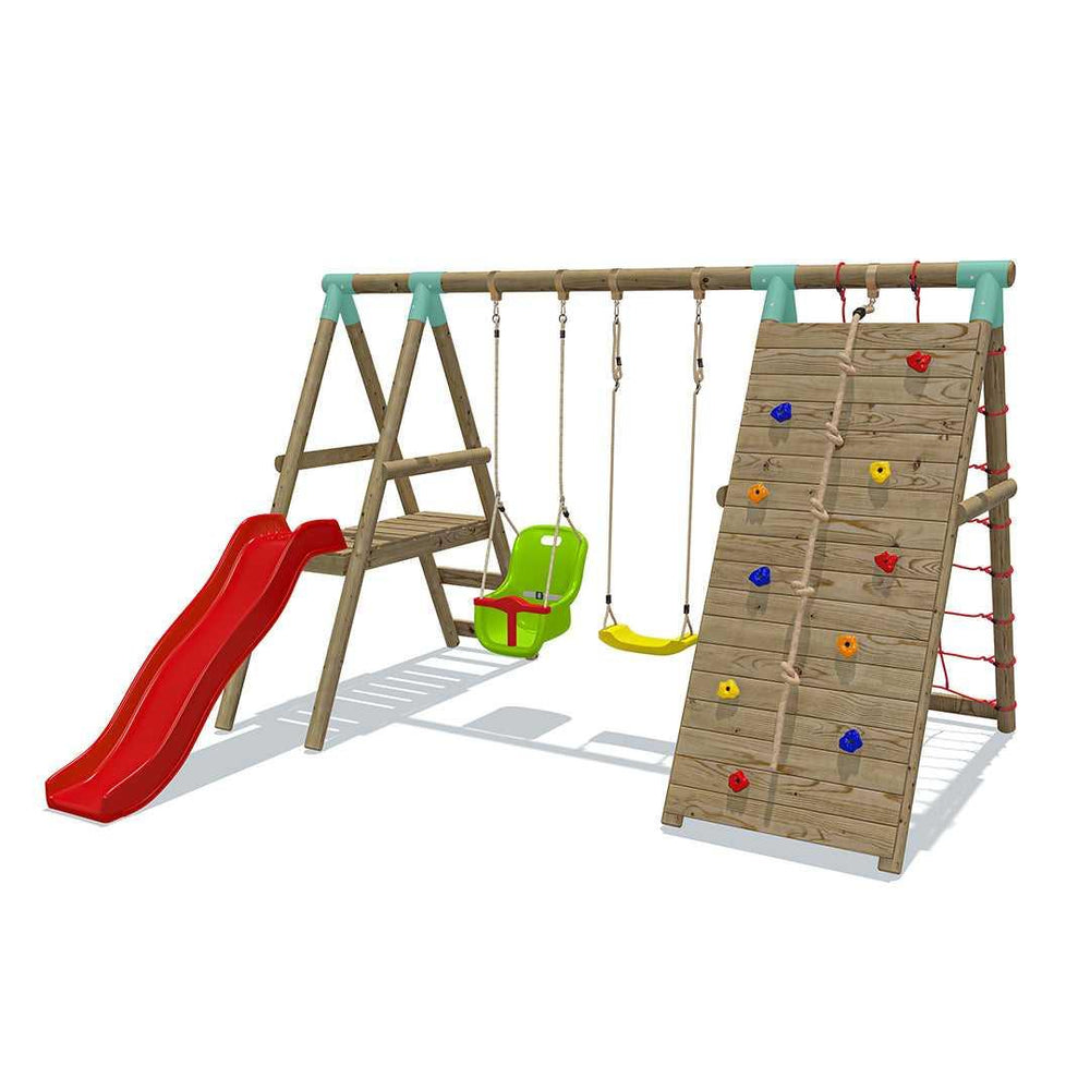 Go Wild Wooden Double Baby Swing Set With Climbing Wall & 6ft Slide