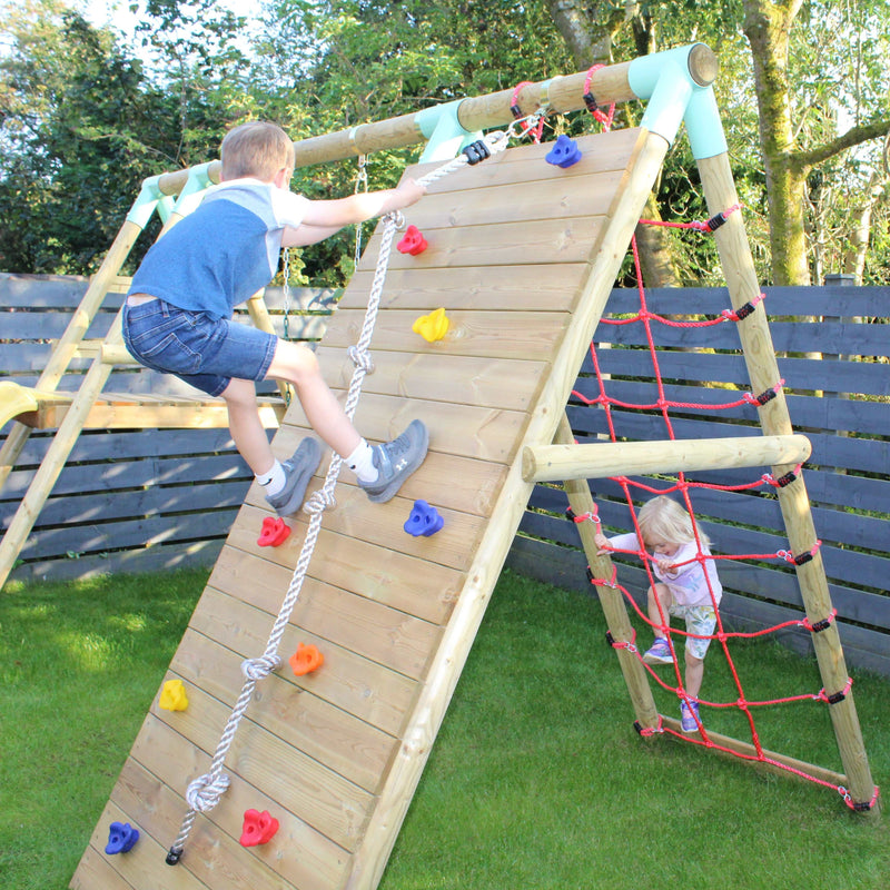 Go Wild Wooden Double Baby Swing Set With Climbing Wall & 6ft Slide - Titan Toys 