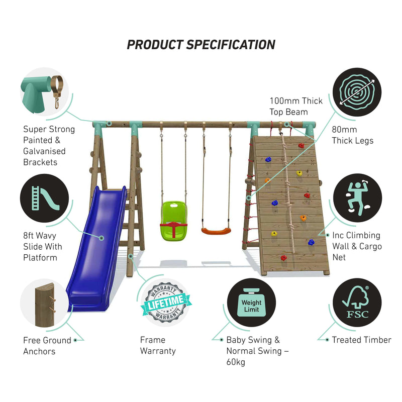 Go Wild Wooden Double Baby Swing Set With Climbing Wall & 8ft Slide - Titan Toys 