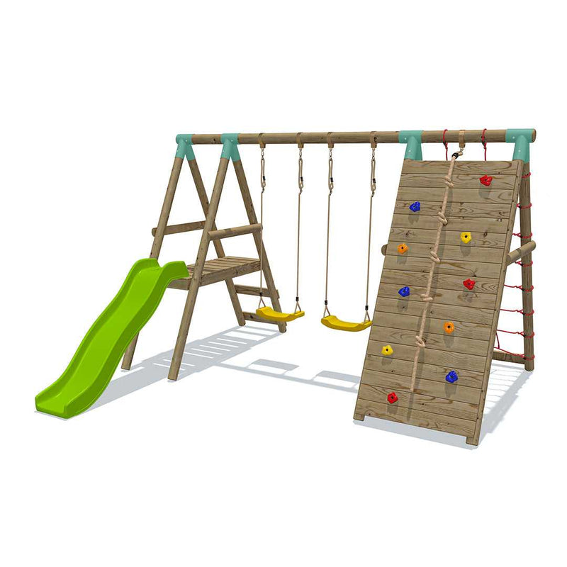Go Wild Wooden Double Swing Set With Climbing Wall & 6ft Slide - Titan Toys 