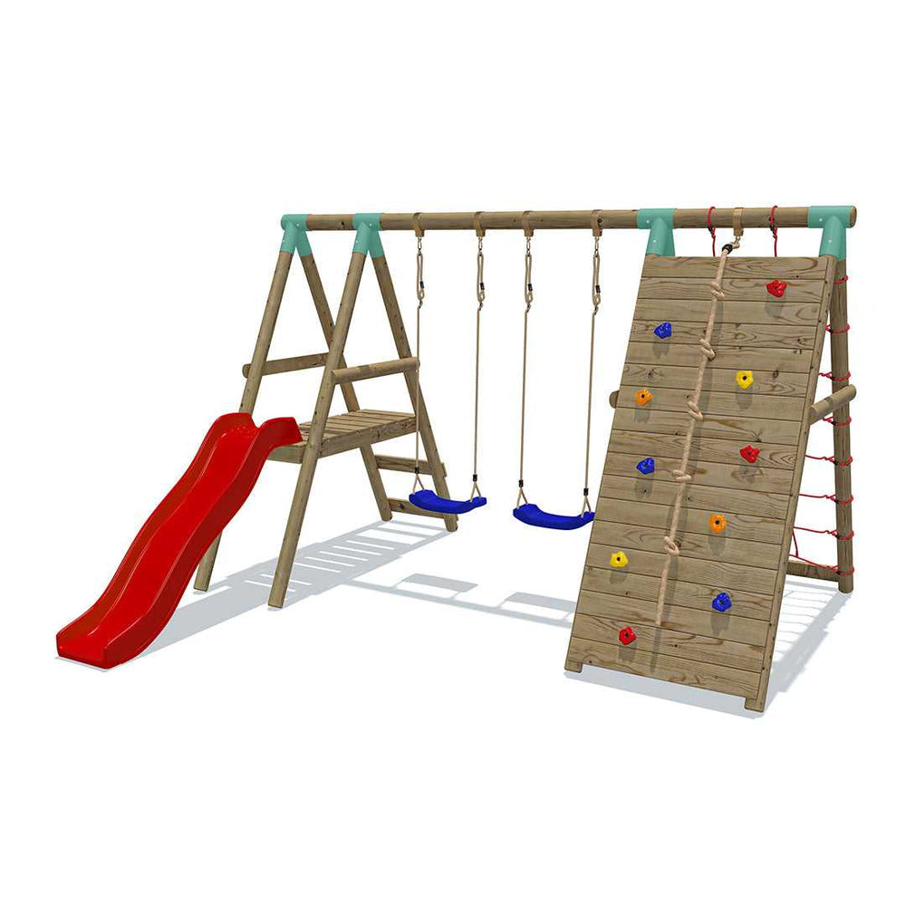 Go Wild Wooden Double Swing Set With Climbing Wall 6ft Slide Titan Toys