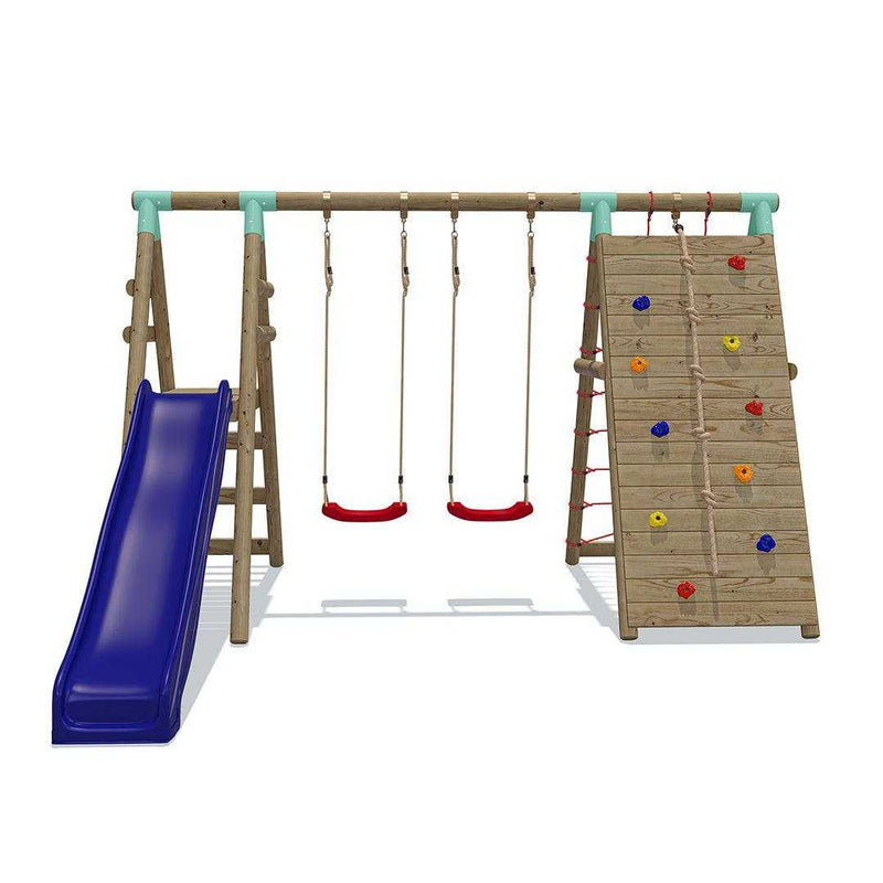 Go Wild Wooden Double Swing Set With Climbing Wall Cargo Net + 8ft Slide - Titan Toys 