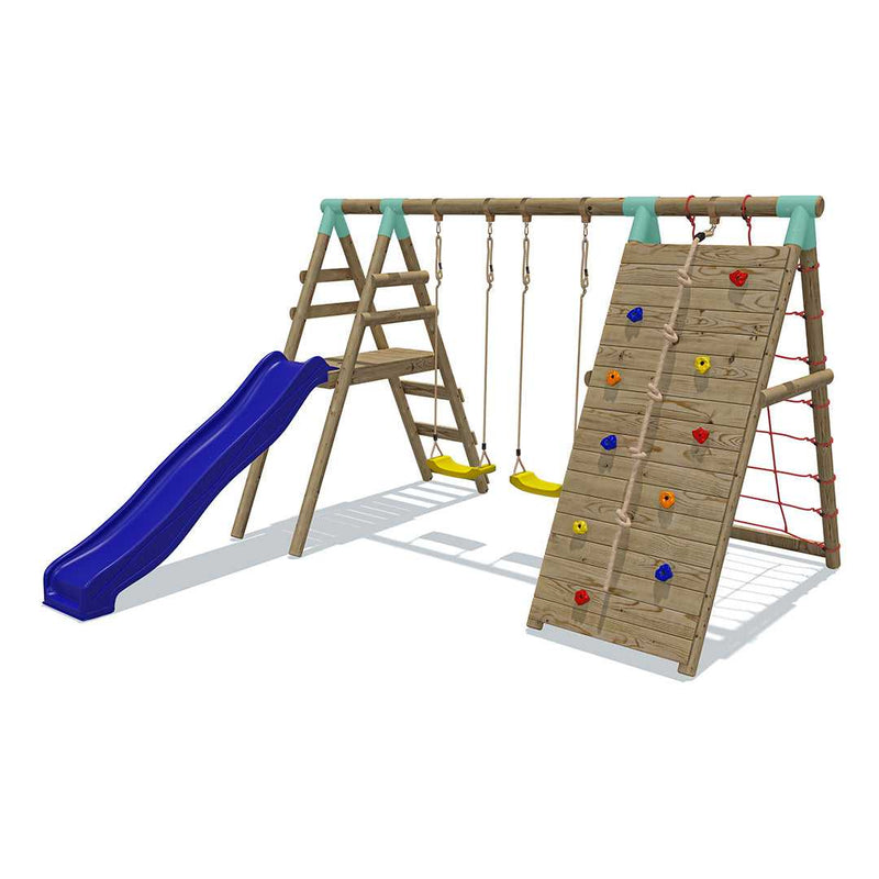 Go Wild Wooden Double Swing Set With Climbing Wall Cargo Net + 8ft Slide - Titan Toys 