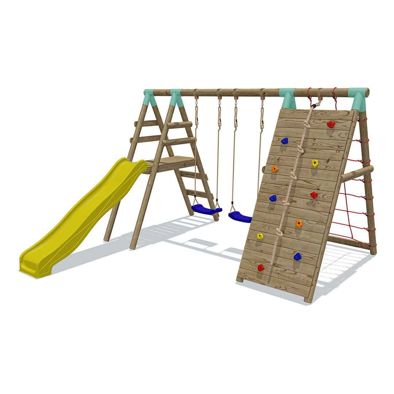 Go Wild Wooden Double Swing Set With Climbing Wall Cargo Net + 8ft Slide - Titan Toys 