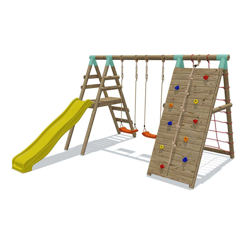 Go Wild Wooden Double Swing Set With Climbing Wall Cargo Net + 8ft Slide - Titan Toys 