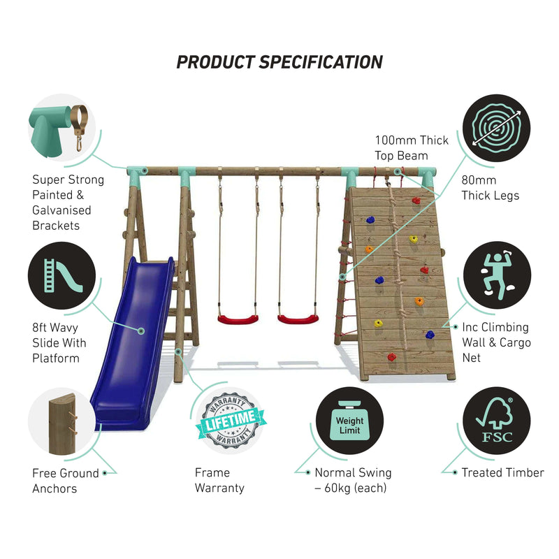 Go Wild Wooden Double Swing Set With Climbing Wall Cargo Net + 8ft Slide - Titan Toys 