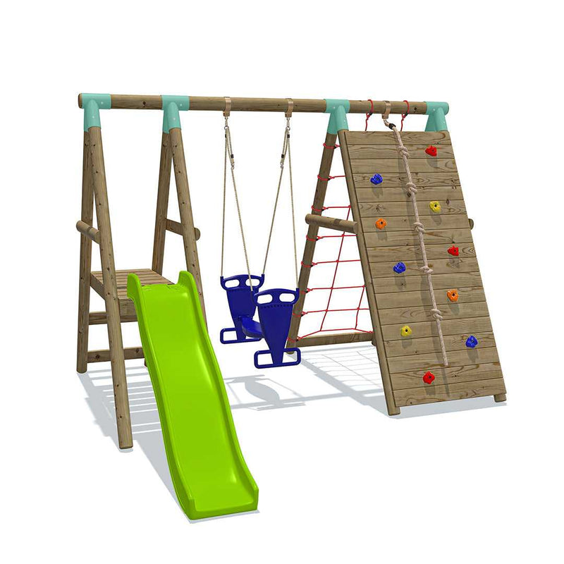 Go Wild Wooden Glider Swing Set With Climbing Wall & 6ft Slide - Titan Toys 