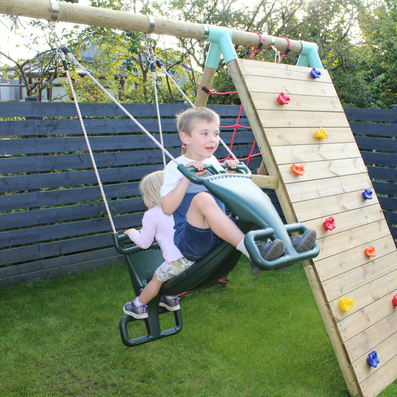 Go Wild Wooden Glider Swing Set With Climbing Wall Plus 8ft Slide - Titan Toys 