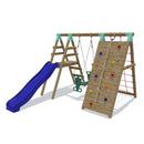 Go Wild Wooden Glider Swing Set With Climbing Wall Plus 8ft Slide - Titan Toys 