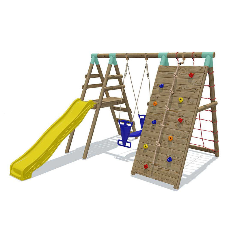 Go Wild Wooden Glider Swing Set With Climbing Wall Plus 8ft Slide - Titan Toys 