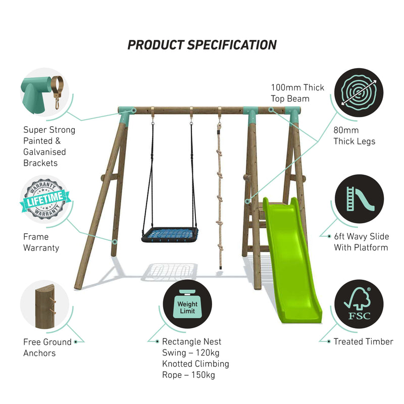 Go Wild Wooden Rectangle Nest Swing, Knotted Rope & Slide Set - Titan Toys 