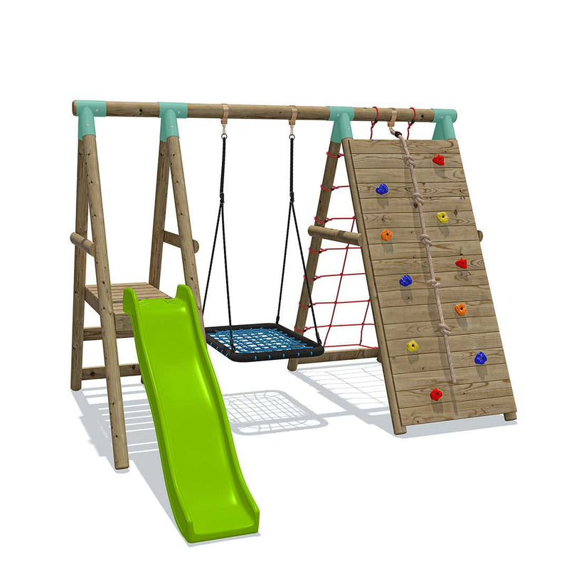 Go Wild Wooden Rectangle Nest Swing Set With Climbing Wall & 6ft Slide - Titan Toys 