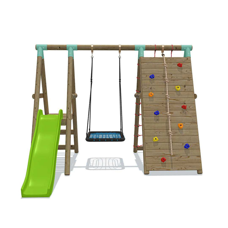 Go Wild Wooden Rectangle Nest Swing Set With Climbing Wall & 6ft Slide - Titan Toys 