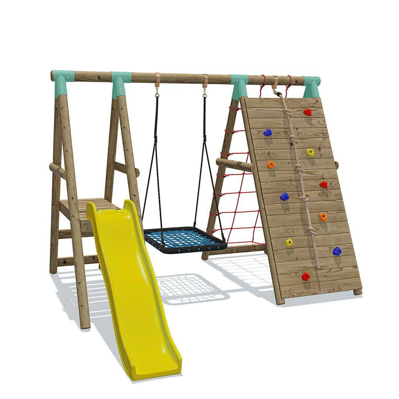 Go Wild Wooden Rectangle Nest Swing Set With Climbing Wall & 6ft Slide - Titan Toys 