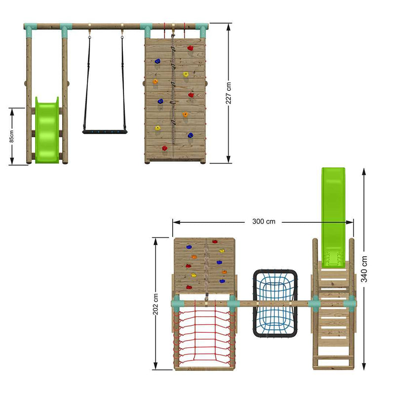 Go Wild Wooden Rectangle Nest Swing Set With Climbing Wall & 6ft Slide - Titan Toys 