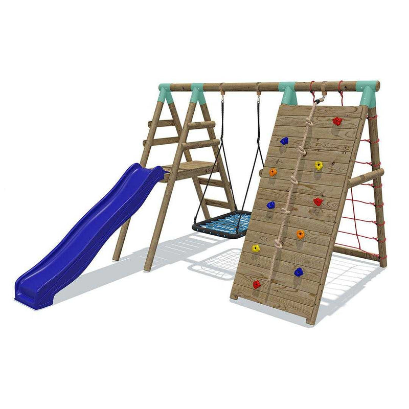 Go Wild Wooden Rectangle Nest Swing Set With Climbing Wall & 8ft Slide - Titan Toys 