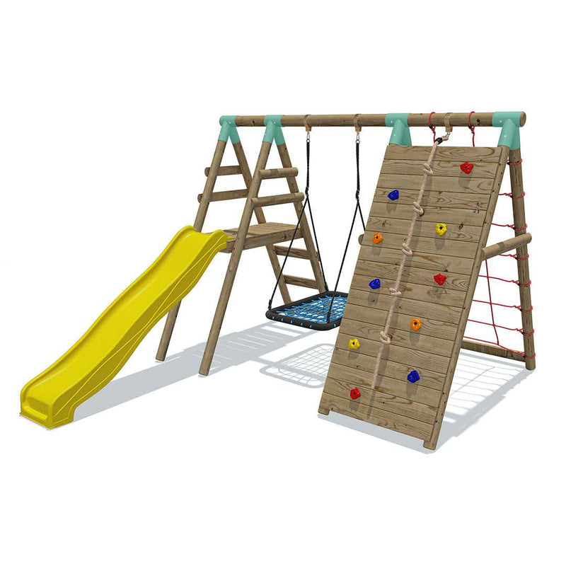 Go Wild Wooden Rectangle Nest Swing Set With Climbing Wall & 8ft Slide - Titan Toys 