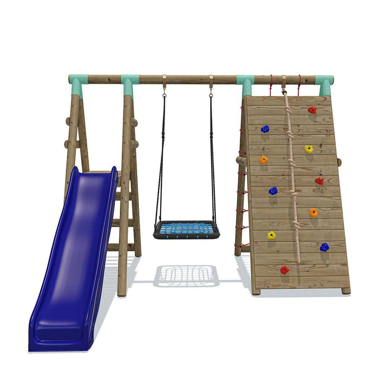 Go Wild Wooden Rectangle Nest Swing Set With Climbing Wall & 8ft Slide - Titan Toys 