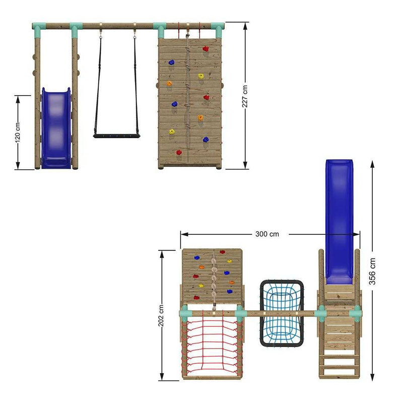 Go Wild Wooden Rectangle Nest Swing Set With Climbing Wall & 8ft Slide - Titan Toys 