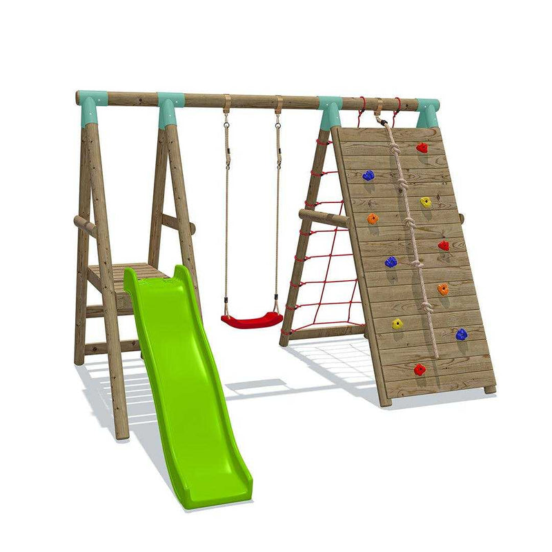 Go Wild Wooden Swing Set With Climbing Wall & 6ft Slide - Titan Toys 