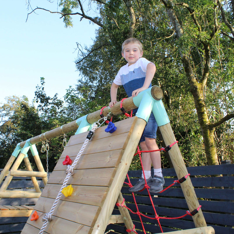 climbing frame with wall and cargo climbing net 