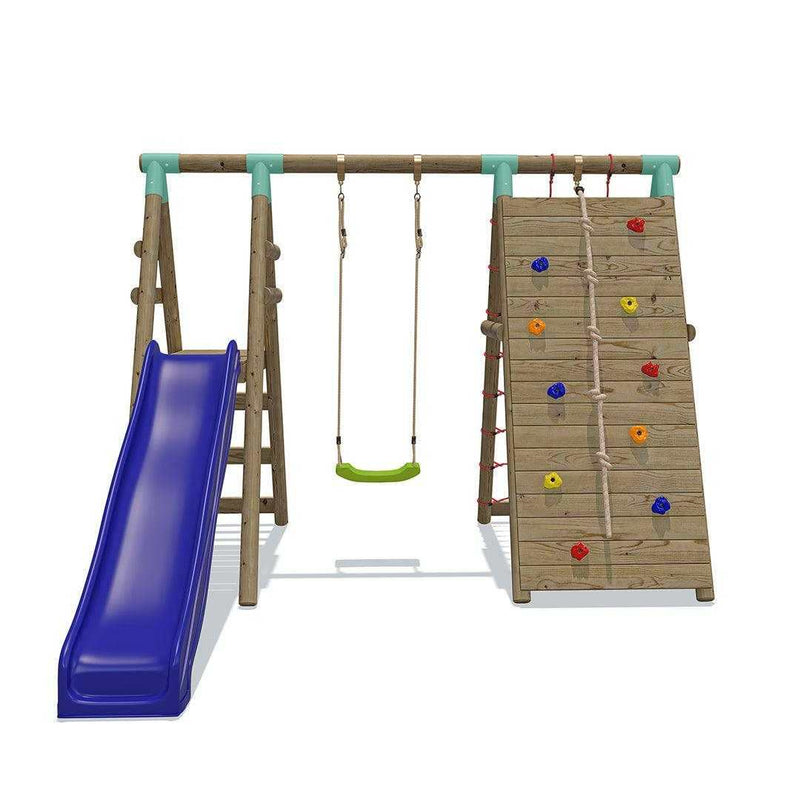 Go Wild Wooden Swing Set With Climbing Wall & 8ft Slide - Titan Toys 