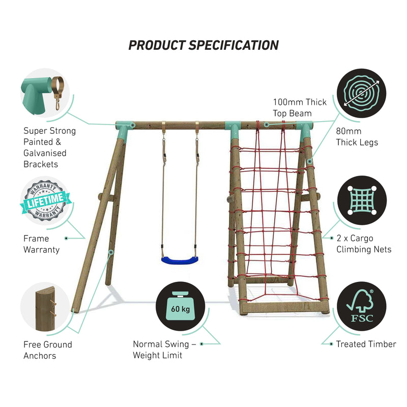 wooden swing set with double cargo net 