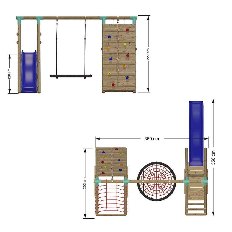 Go Wild Wooden Swing Set With XL Nest, Climbing Wall + 8ft Slide - Titan Toys 