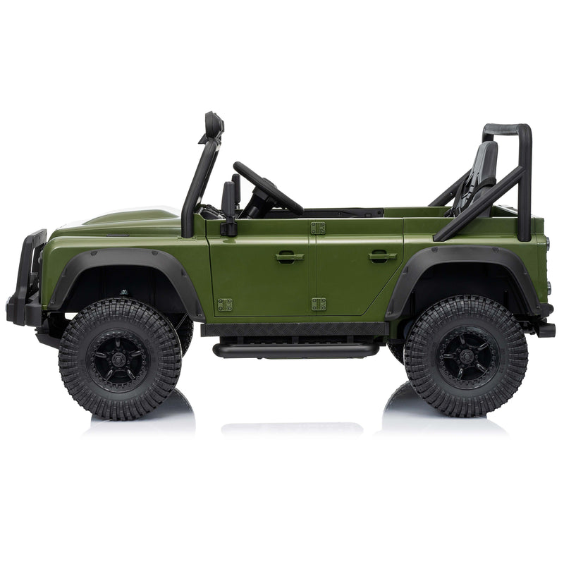 kids Green off-road land rover defender vehicle with black tires on a white background