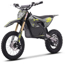 A black and gray electric dirt bike with neon yellow accents, gold front suspension forks, and a visible battery pack under the seat, shown on a clean white background.