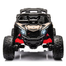 Toy off-road vehicle with black and red design on a white background