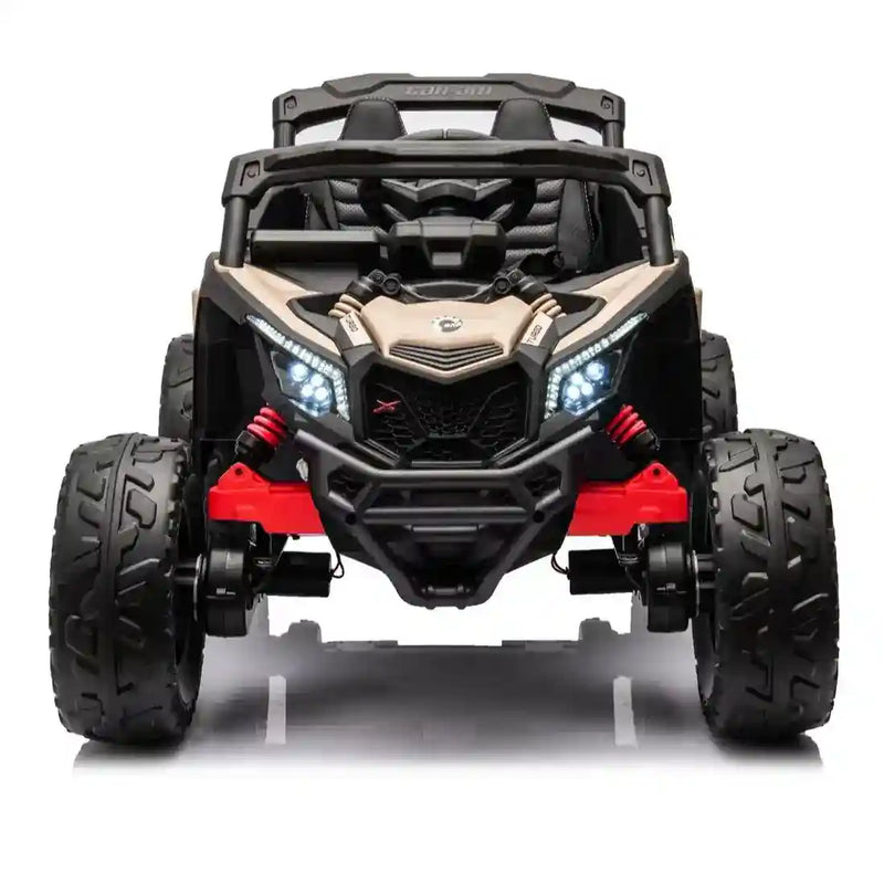Toy off-road vehicle with black and red design on a white background