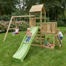 a large double swing set with climbing tower and double platform 
