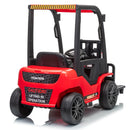 a childrens red electric ride on forklift with rubber tryes 