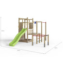 a multi level kids climbing frame with pull up rope, climbing wall, large slide and a range of varied height gym bars for hanging