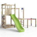 a large double level outdoor gym bar frame with climbing wall, hanging rope and 8ft slide 
