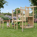 a fun multi level kids wooden climbing frame with wall, pull up rope, metal gym bars and a sandbox. 