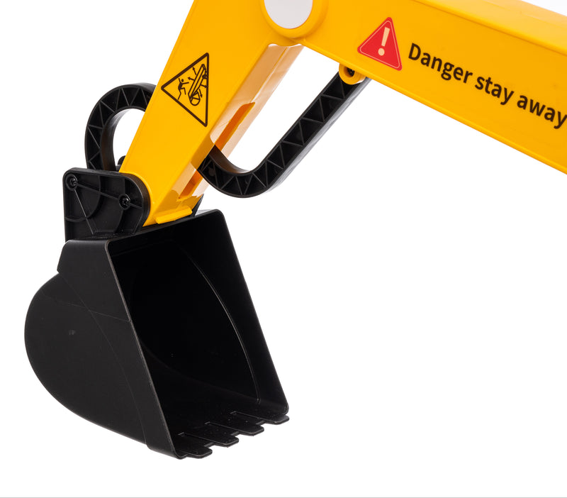 Close-up of a yellow excavator arm with a black bucket on a white background