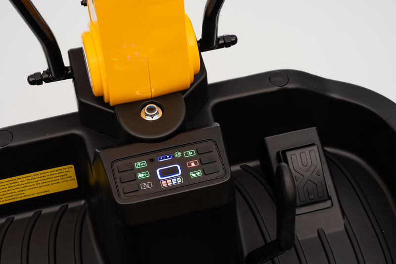 a yellow kids ride on yellow excavator in a jcb style design with front arm and bucket