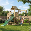 a large wooden play tower with swing and climbing ropes 