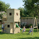a double hide out climbing frame with double swing set and 10ft slide 