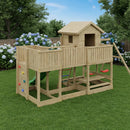 a large go wild climbing tower with picnic table, double swing seat and 8ft slide. also comes with a large hideout hut